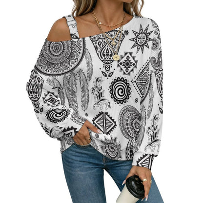 Off-the-shoulder Sweater Indian Decoration  Asymmetric Cold Shoulder Knit Sweater for Women, Adjustable Buckle Strap Long Sleeve Casual Slouchy Pullover