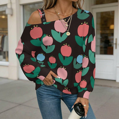 Off-the-shoulder Sweater Tulip-flower-pattern-black  Asymmetric Cold Shoulder Knit Sweater for Women, Adjustable Buckle Strap Long Sleeve Casual Slouchy Pullover