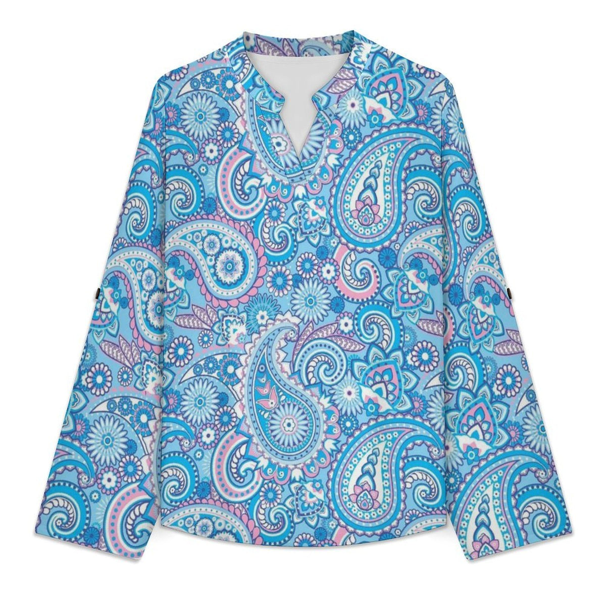 Stand-up Collar Long-sleeved Shirt Paisley  Customization Women’s V-Neck Blouses,long Sleeve,Roll-Up Sleeve Shirt
