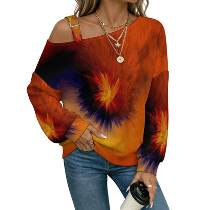 Off-the-shoulder Sweater Tie Dye Red Yellow  Asymmetric Cold Shoulder Knit Sweater for Women, Adjustable Buckle Strap Long Sleeve Casual Slouchy Pullover