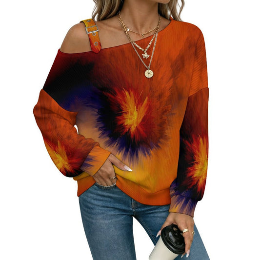 Off-the-shoulder Sweater Tie Dye Red Yellow  Asymmetric Cold Shoulder Knit Sweater for Women, Adjustable Buckle Strap Long Sleeve Casual Slouchy Pullover