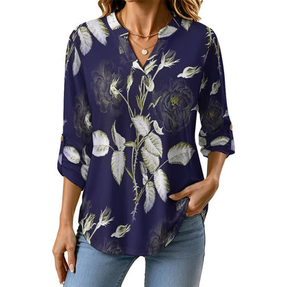 Stand-up Collar Long-sleeved Shirt Purple, Flowers, Patterns  Customization Women’s V-Neck Blouses,long Sleeve,Roll-Up Sleeve Shirt