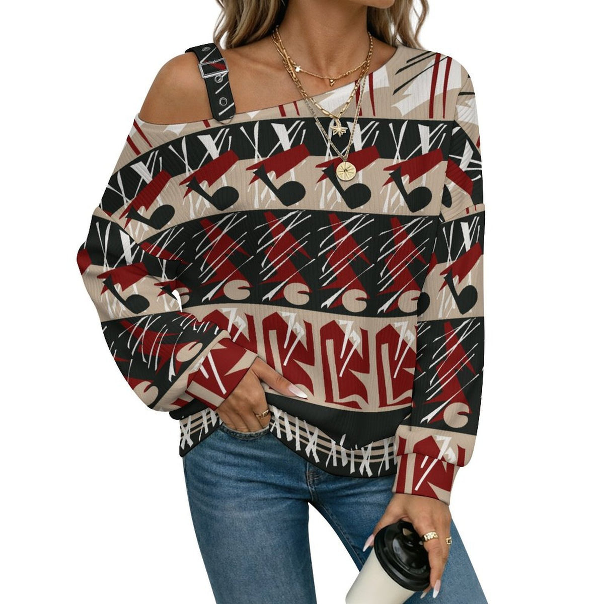 Off-the-shoulder Sweater Pattern  Asymmetric Cold Shoulder Knit Sweater for Women, Adjustable Buckle Strap Long Sleeve Casual Slouchy Pullover