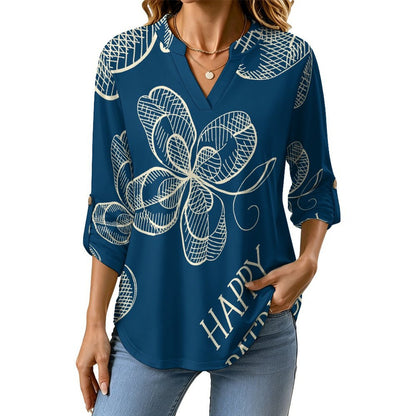 Stand-up Collar Long-sleeved Shirt Blue, St. Patrick's Day, Pattern  Customization Women’s V-Neck Blouses,long Sleeve,Roll-Up Sleeve Shirt