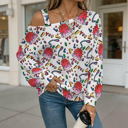 Adjustable Buckle Strap Long Sleeve Casual Slouchy PulloverOctopus Love PatternOff-the-shoulder Sweater