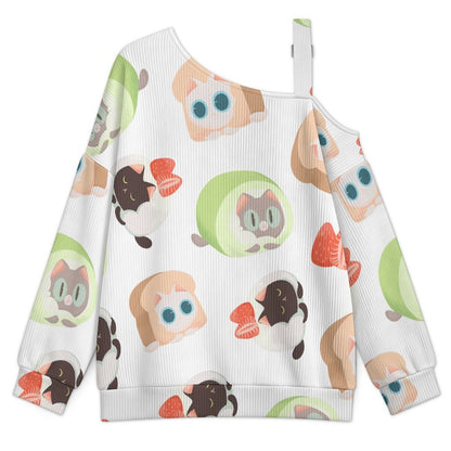 Off-the-shoulder Sweater Tile Pattern-cat-dessert-cute-cartoon-pink-green-black  Asymmetric Cold Shoulder Knit Sweater for Women, Adjustable Buckle Strap Long Sleeve Casual Slouchy Pullover