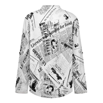 Stand-up Collar Long-sleeved Shirt Newspaper Dress  Customization Women’s V-Neck Blouses,long Sleeve,Roll-Up Sleeve Shirt