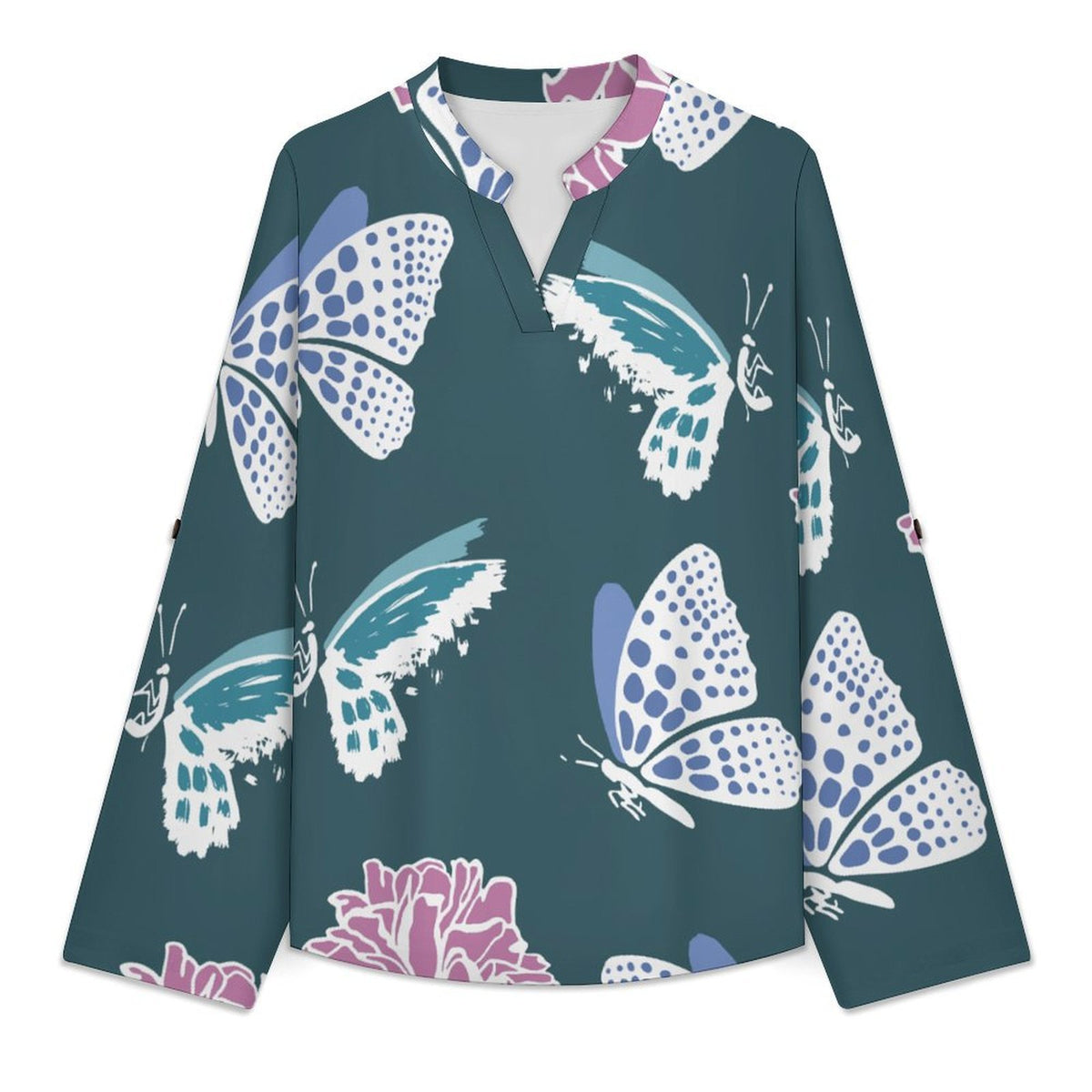 Versatile Notched V-Neck Tunic | Roll Tab 3/4 Sleeve Office Casual Top  Butterfly, Print