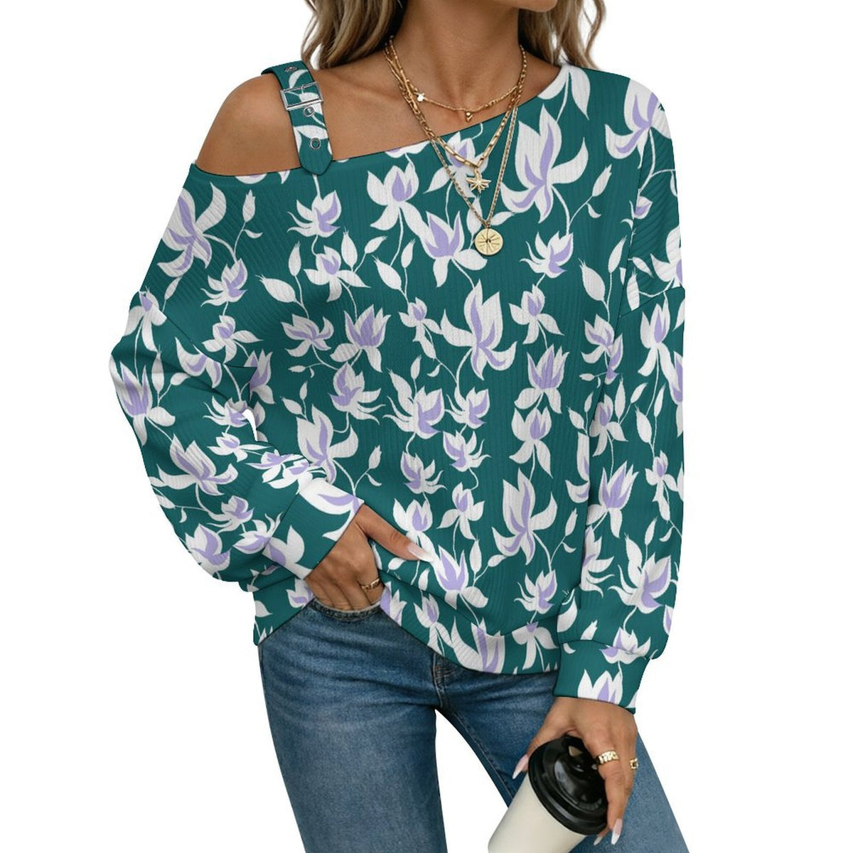 Women’s Off-Shoulder Knit Sweater Flower Pattern Repeat