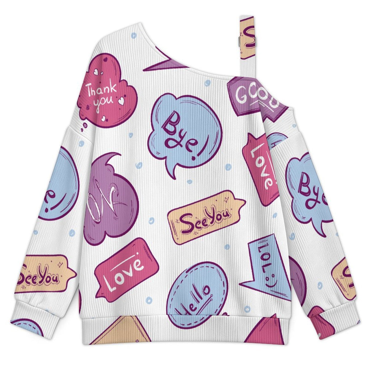 Cartoon, Pop, Pattern Fall Casual Asymmetric Shoulder Knit Top with Buckle Detail