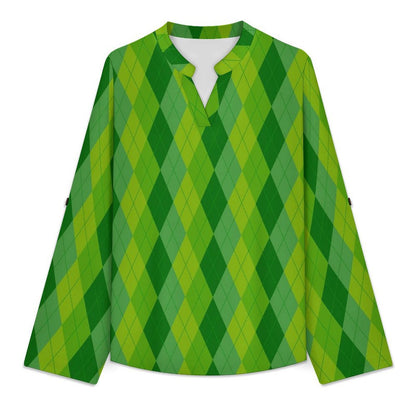 Green, Rhombic Women's Notched V Neck Tunic Tops, Roll Up 3/4 Sleeve Button Cuff Casual Blouse, Hem Loose Work Shirts