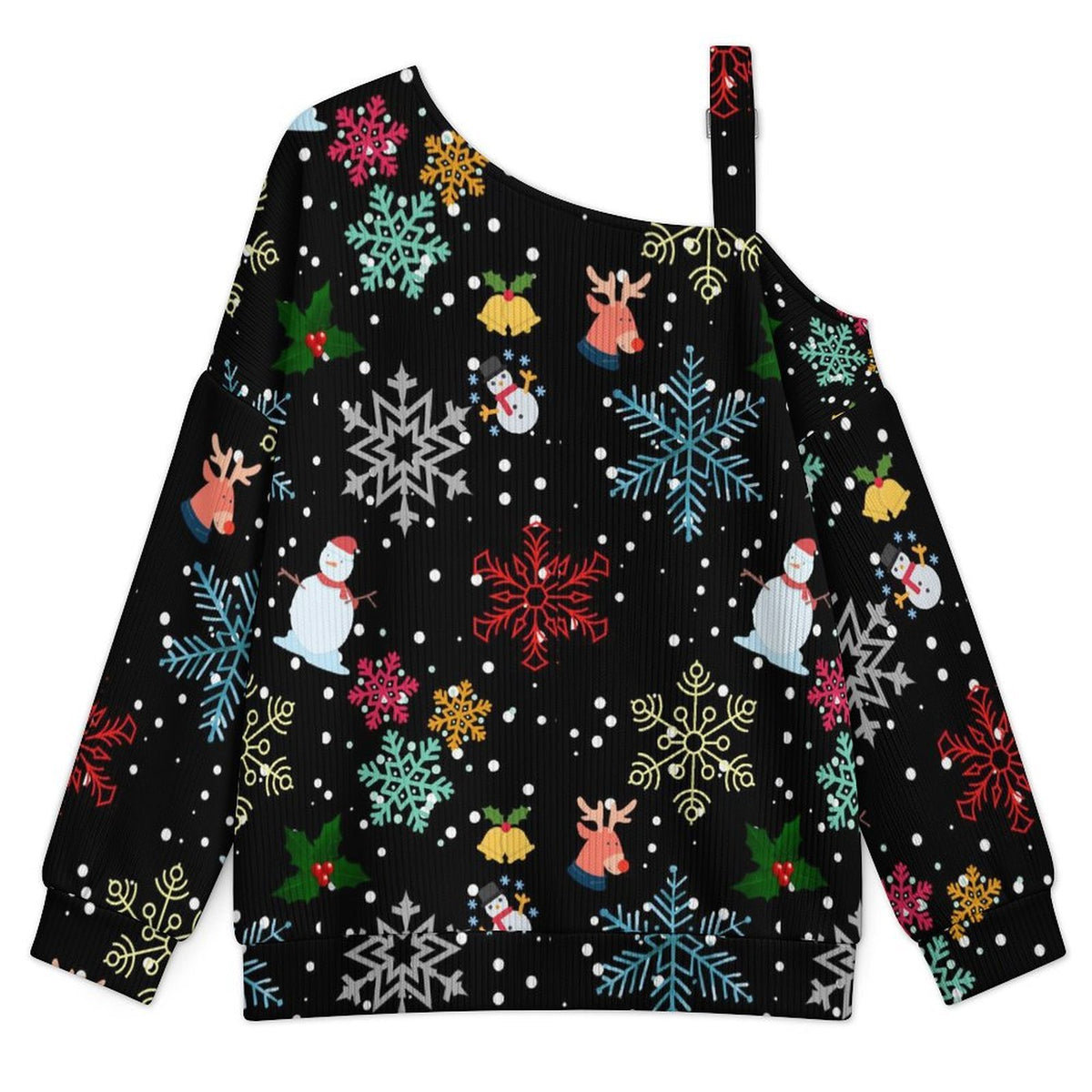 Black, Snowflakes, Santa Claus Fall Casual Asymmetric Shoulder Knit Top with Buckle Detail