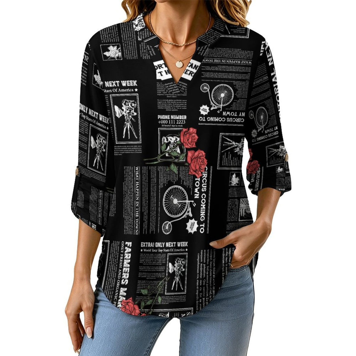 Versatile Notched V-Neck Tunic  Roll Tab 3/4 Sleeve Office Casual Top  Newspaper  Red Rose Black