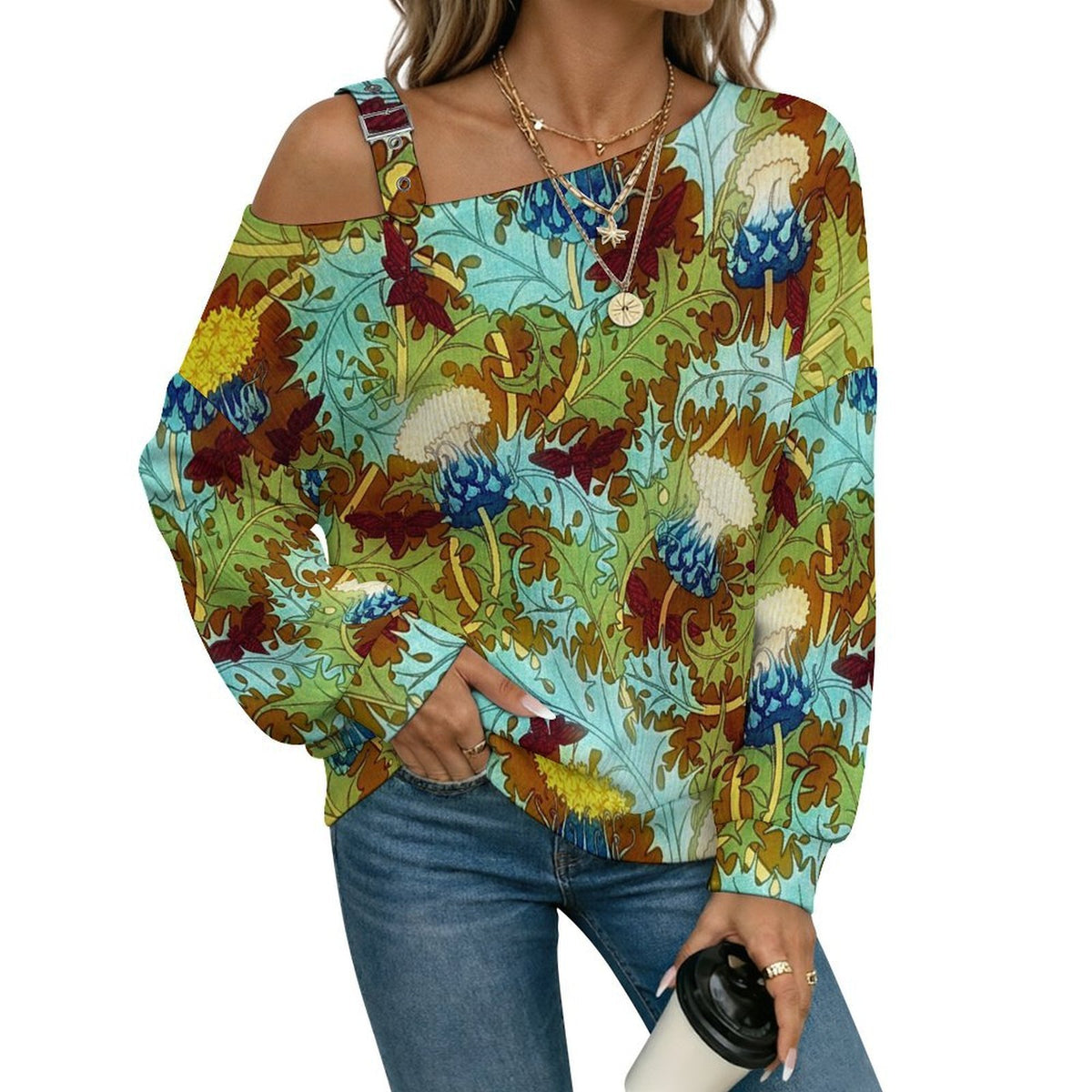 Vintage Flower Pattern Buckle Strap Asymmetrical Off Shoulder Knit Sweater