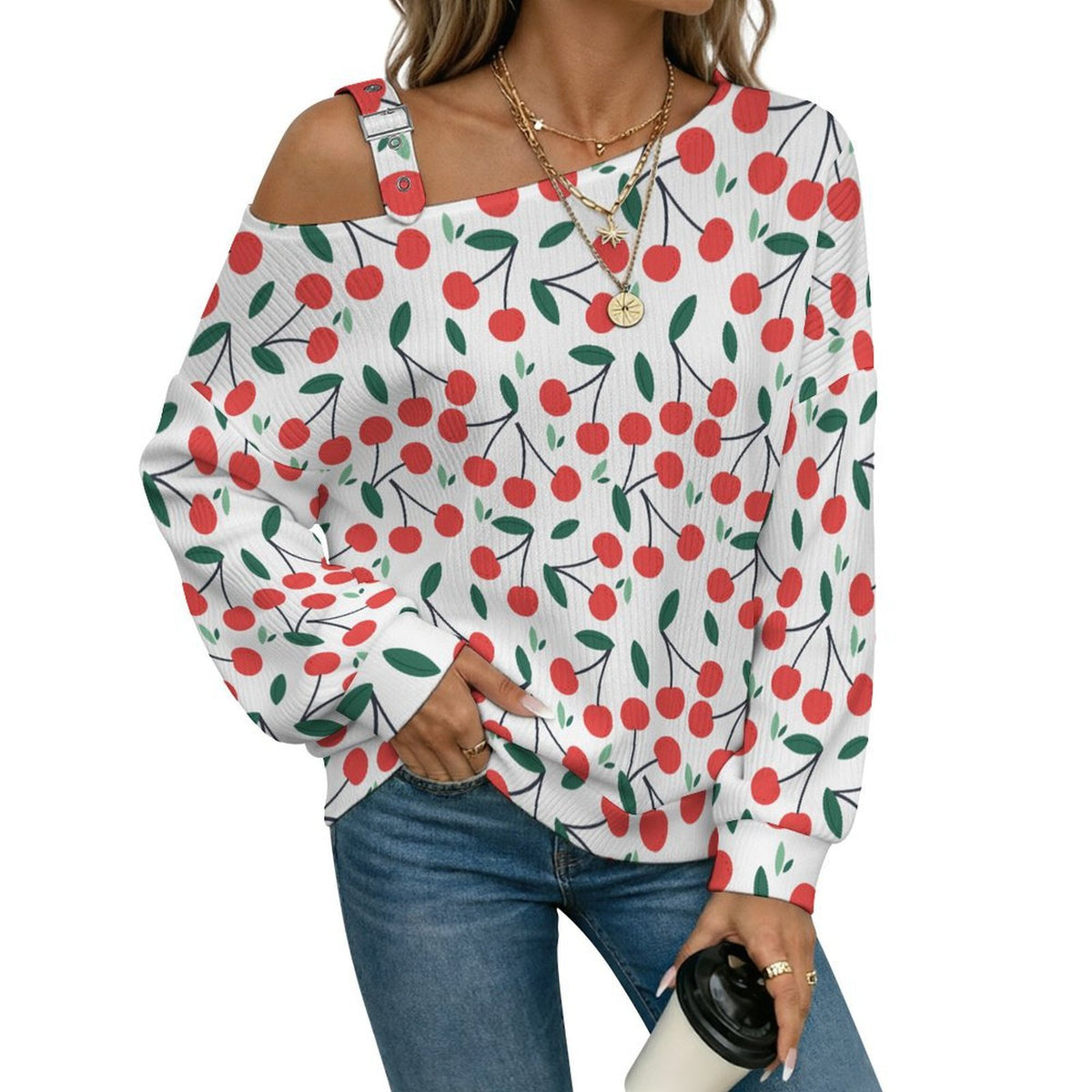 Fall Casual Asymmetric Shoulder Knit Top with Buckle Detail Cherry