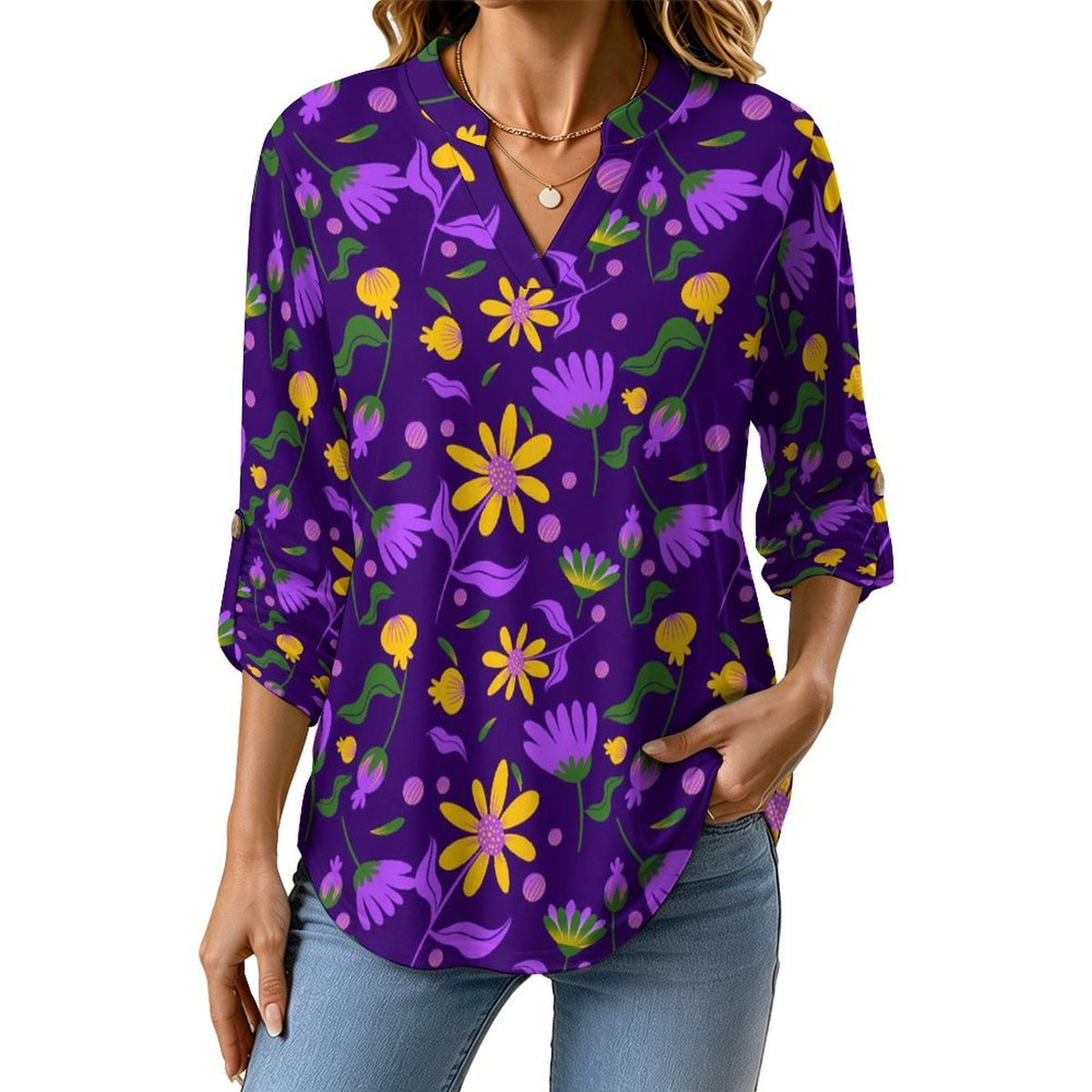 Flower Pattern Repeat  Versatile Notched V-Neck Tunic | Roll Tab 3/4 Sleeve Office Casual Top
