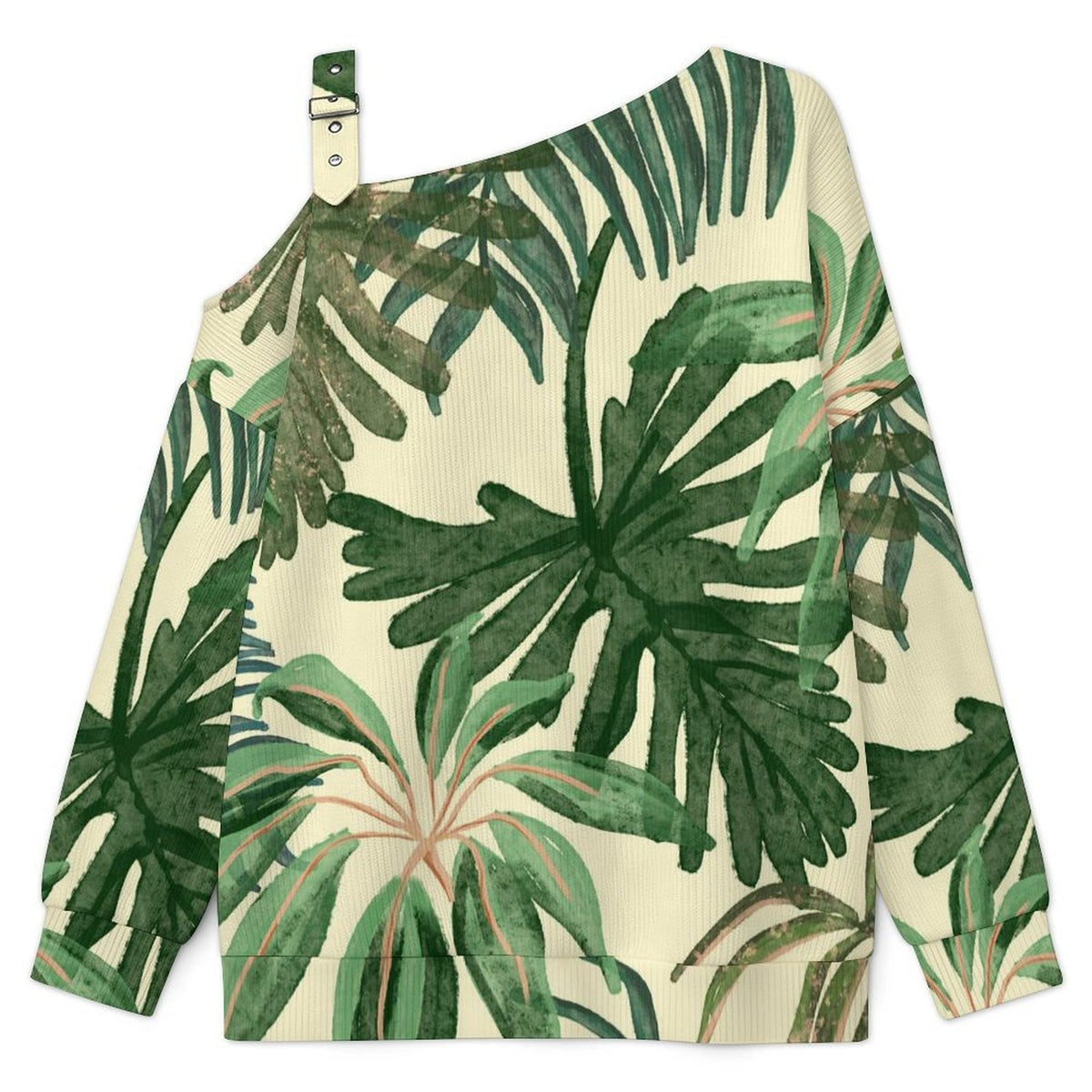 Ink Painting, Hemp Leaf Buckle Strap Asymmetrical Off Shoulder Knit Sweater