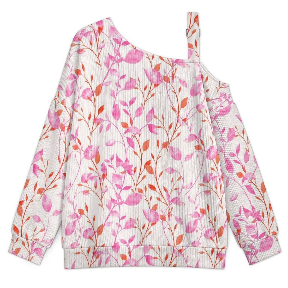 Fall Casual Asymmetric Shoulder Knit Top with Buckle Detail Flower