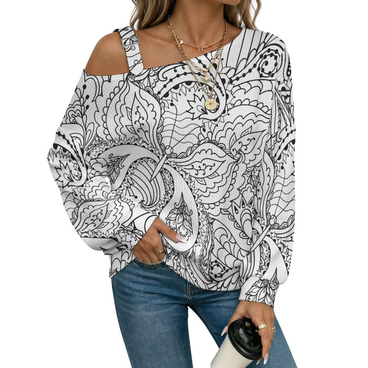Off-the-shoulder SweaterRetro Pattern Women’s Off-Shoulder Knit Sweater