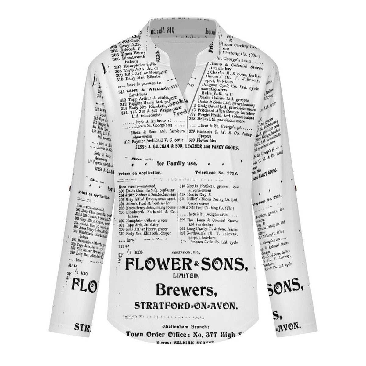 Stand-up Collar Long-sleeved Shirt Newspaper Vintage Dress white S Women’s V-Neck Blouses