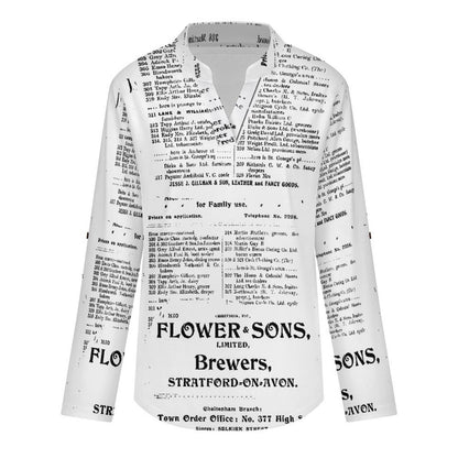 Stand-up Collar Long-sleeved Shirt Newspaper Vintage Dress white S Women’s V-Neck Blouses