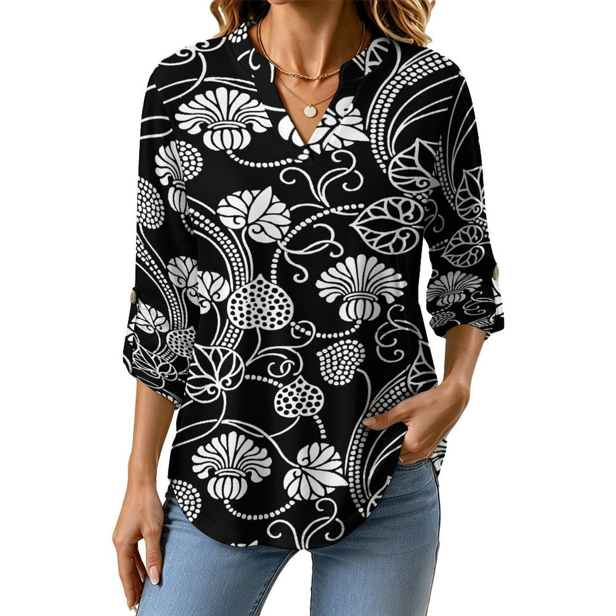 Black Pattern  Versatile Notched V-Neck Tunic | Roll Tab 3/4 Sleeve Office Casual Top