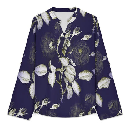 Purple, Flowers, Patterns  Women Curved Hem V Neck Roll Sleeve Casual Work Top