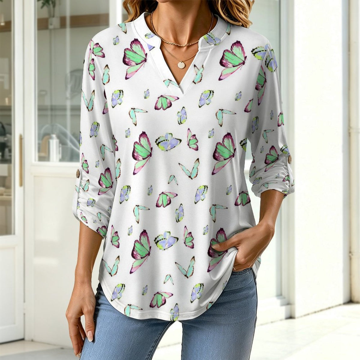 Versatile Notched V-Neck Tunic  Roll Tab 3/4 Sleeve Office Casual Top  Butterfly T-shirt Dress