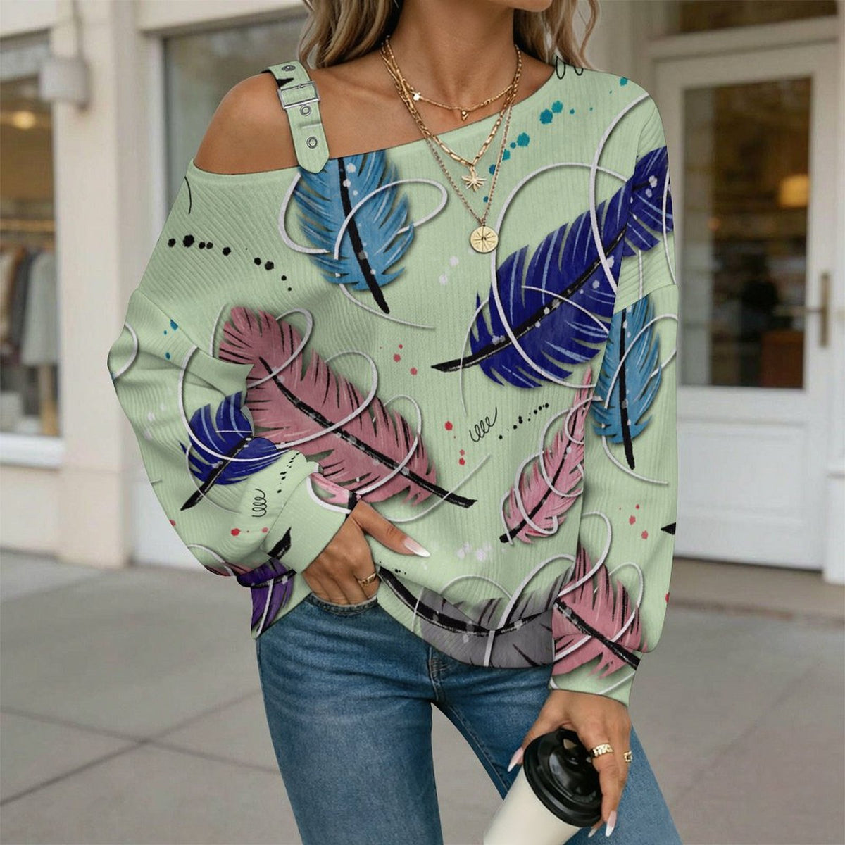 Women’s Off-Shoulder Knit Sweater Colorful Feather Pattern