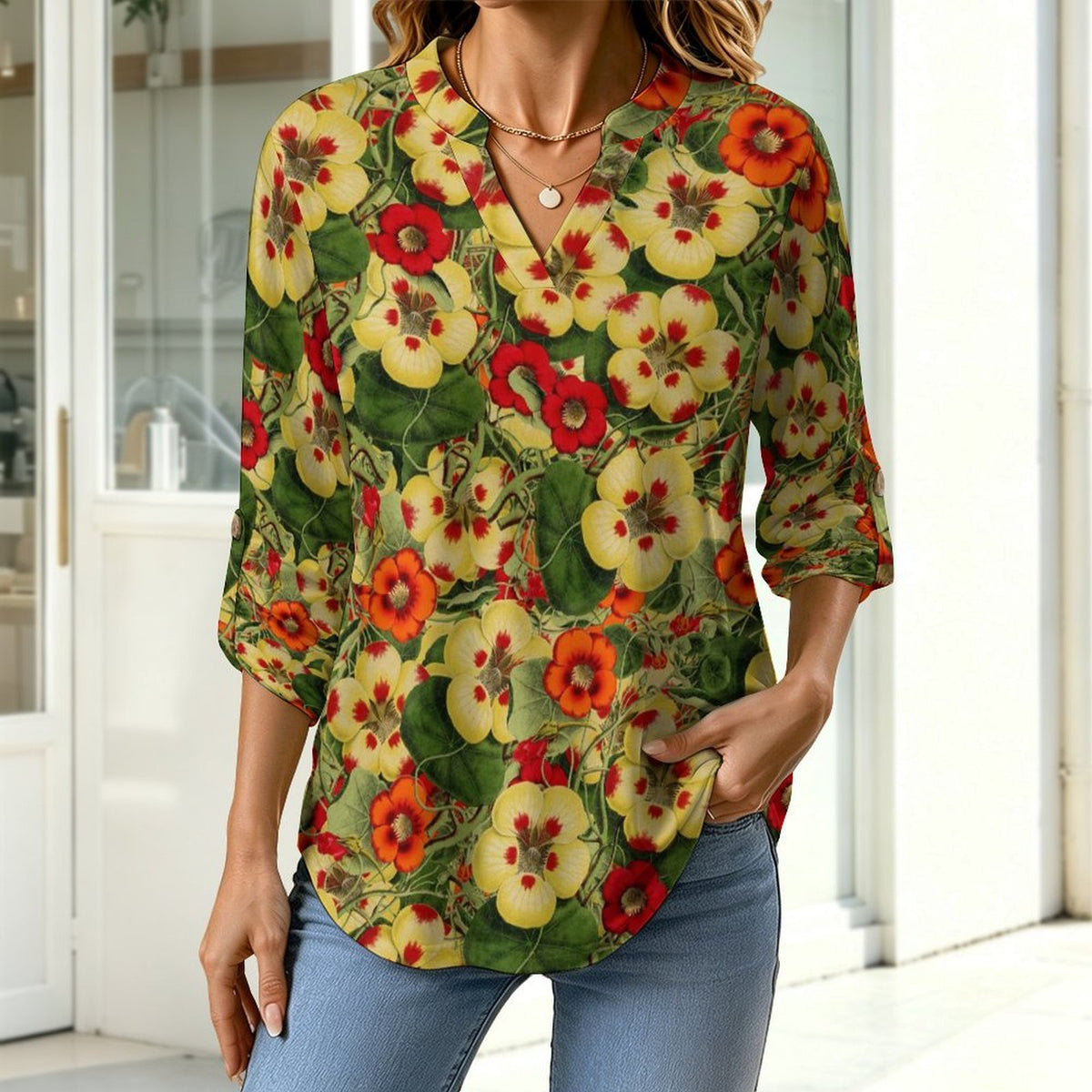 Vintage Flower Pattern  Versatile Notched V-Neck Tunic | Roll Tab 3/4 Sleeve Office Casual Top