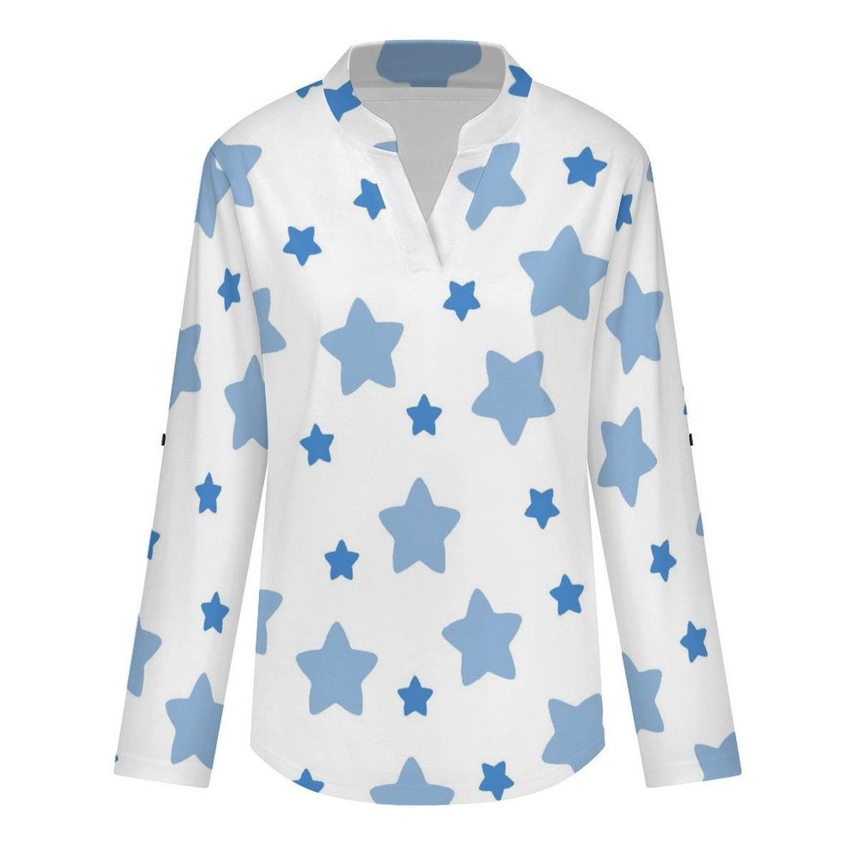 White, Blue Pentagram Roll Tab 3/4 Sleeve Notched V Neck Tunic Blouse
