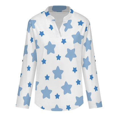 White, Blue Pentagram Roll Tab 3/4 Sleeve Notched V Neck Tunic Blouse
