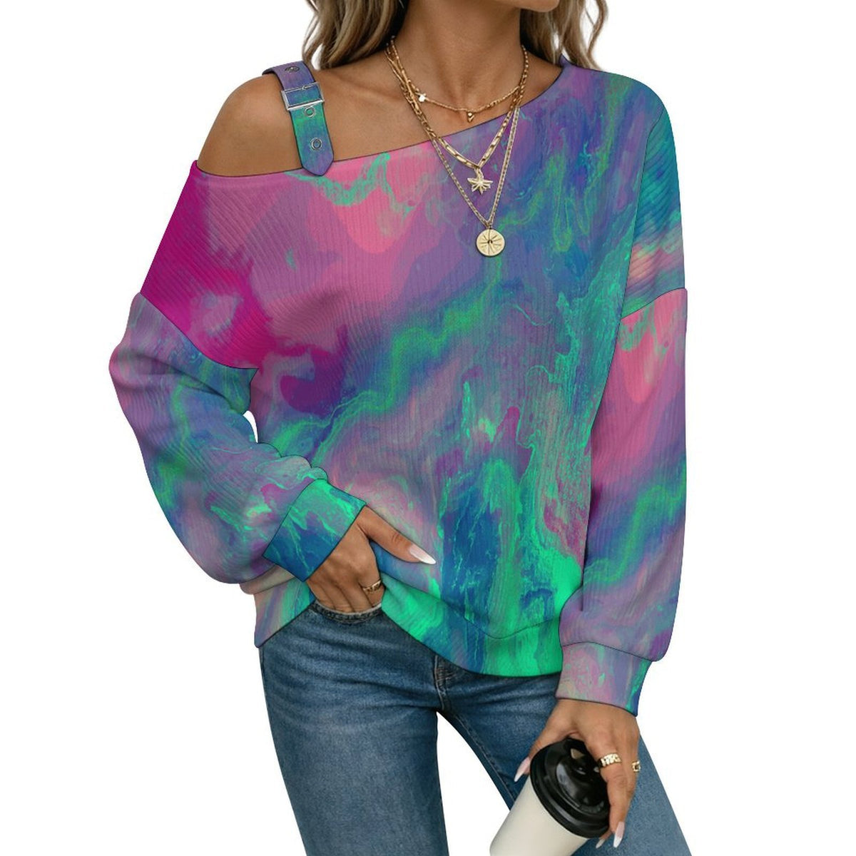 Fluid Pattern Buckle Strap Asymmetrical Off Shoulder Knit Sweater