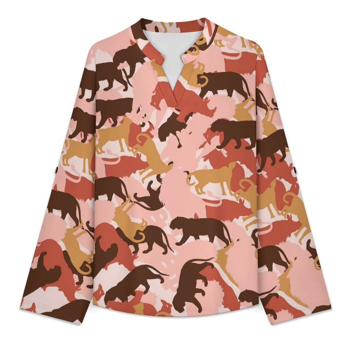 Camouflage, Animal  Versatile Notched V-Neck Tunic | Roll Tab 3/4 Sleeve Office Casual Top