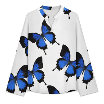 Stand-up Collar Long-sleeved Shirt The Butterfly Repeat white S Women’s V-Neck Blouses