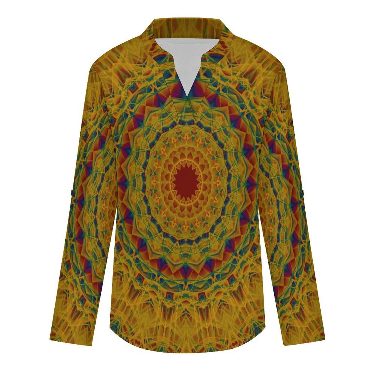 Stand-up Collar Long-sleeved Shirt Retro Pattern, Background  Customization Women’s V-Neck Blouses,long Sleeve,Roll-Up Sleeve Shirt