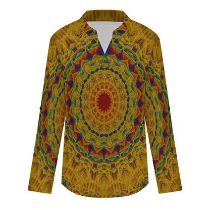 Stand-up Collar Long-sleeved Shirt Retro Pattern, Background  Customization Women’s V-Neck Blouses,long Sleeve,Roll-Up Sleeve Shirt