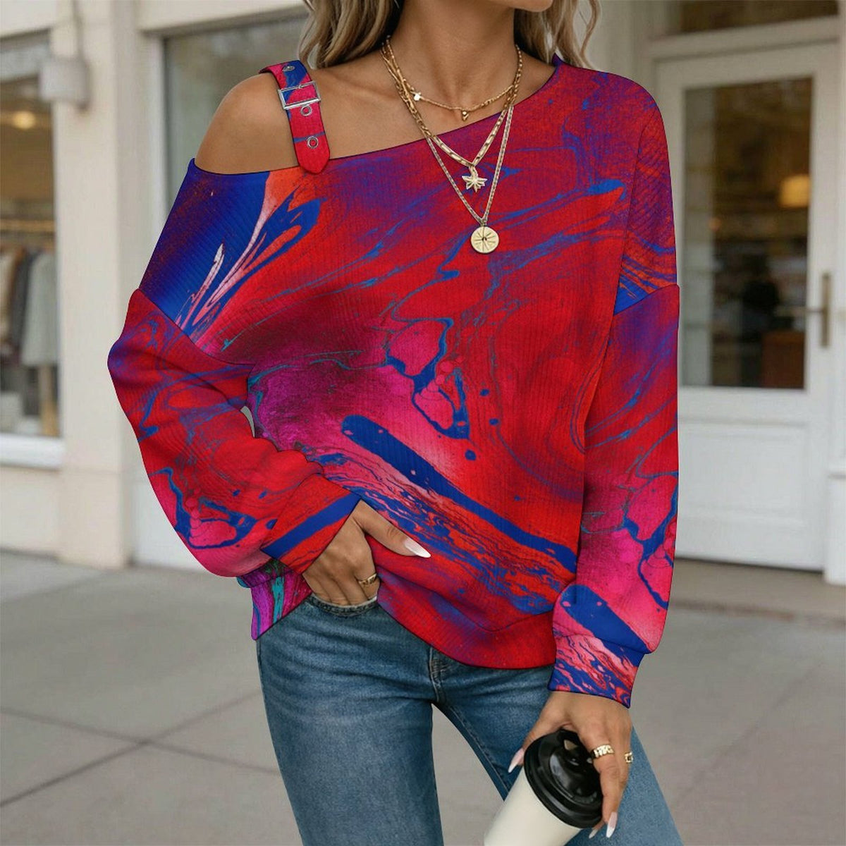 Off-the-shoulder Sweater Red, Blue Water Ripple  Asymmetric Cold Shoulder Knit Sweater for Women, Adjustable Buckle Strap Long Sleeve Casual Slouchy Pullover