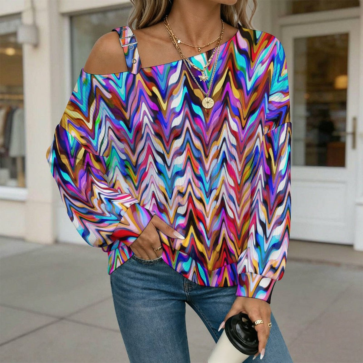 Off-the-shoulder Sweater Colorful Pattern  Asymmetric Cold Shoulder Knit Sweater for Women, Adjustable Buckle Strap Long Sleeve Casual Slouchy Pullover