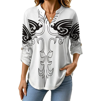 Cross, Wings  Versatile Notched V-Neck Tunic | Roll Tab 3/4 Sleeve Office Casual Top