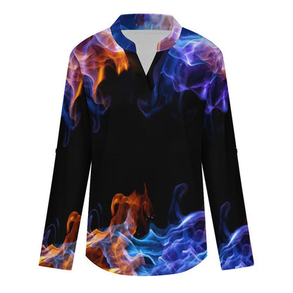 Stand-up Collar Long-sleeved Shirt Flame  Customization Women’s V-Neck Blouses,long Sleeve,Roll-Up Sleeve Shirt