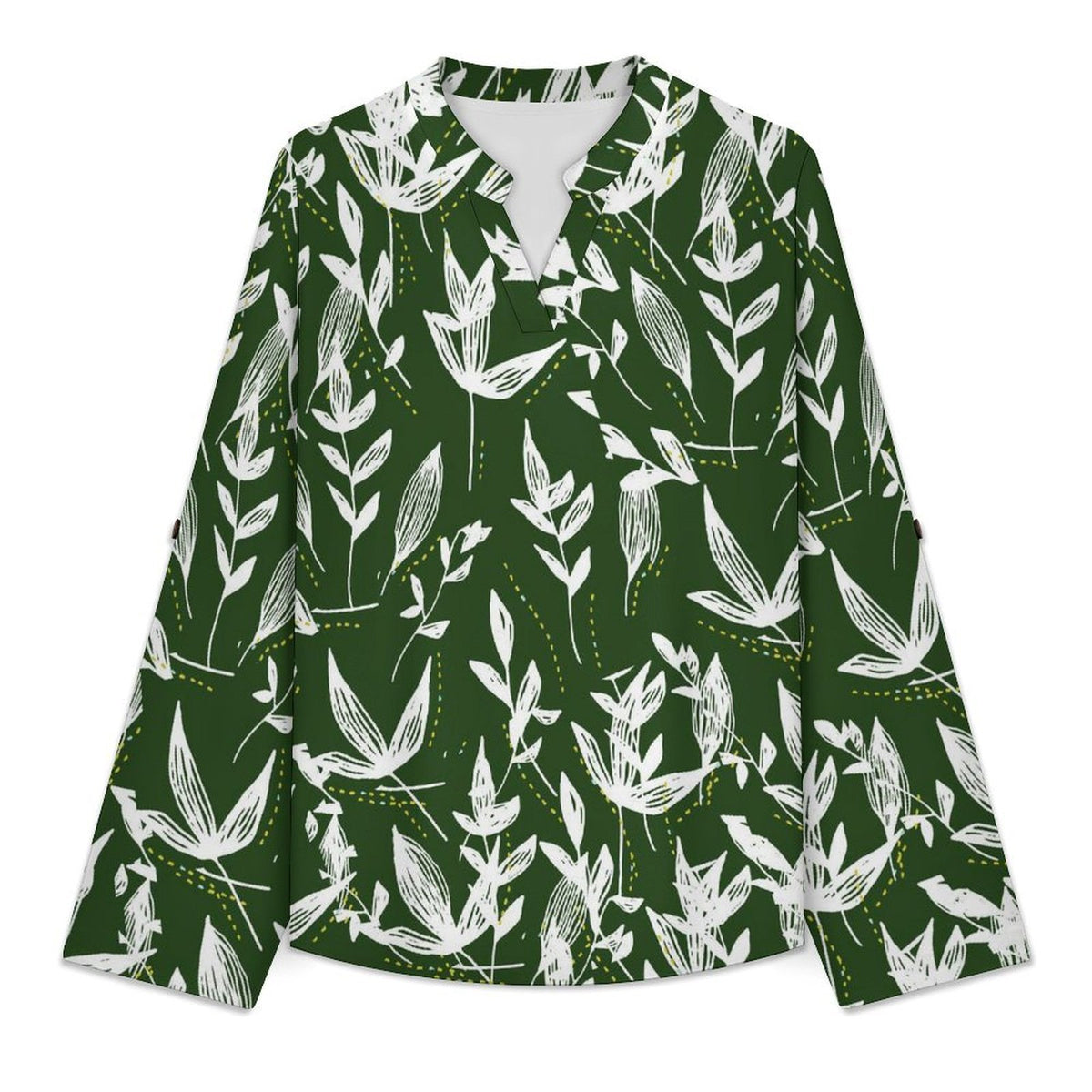 Stand-up Collar Long-sleeved Shirt Green Leaf Pattern  Customization Women’s V-Neck Blouses,long Sleeve,Roll-Up Sleeve Shirt