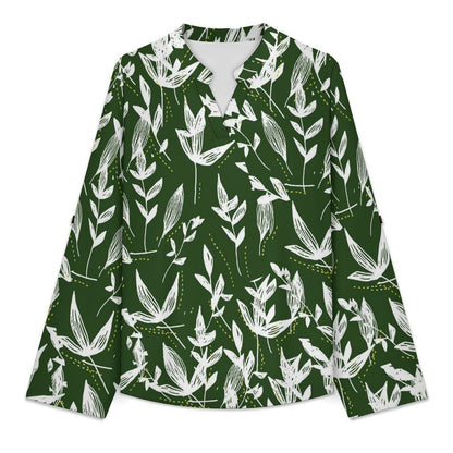 Stand-up Collar Long-sleeved Shirt Green Leaf Pattern  Customization Women’s V-Neck Blouses,long Sleeve,Roll-Up Sleeve Shirt