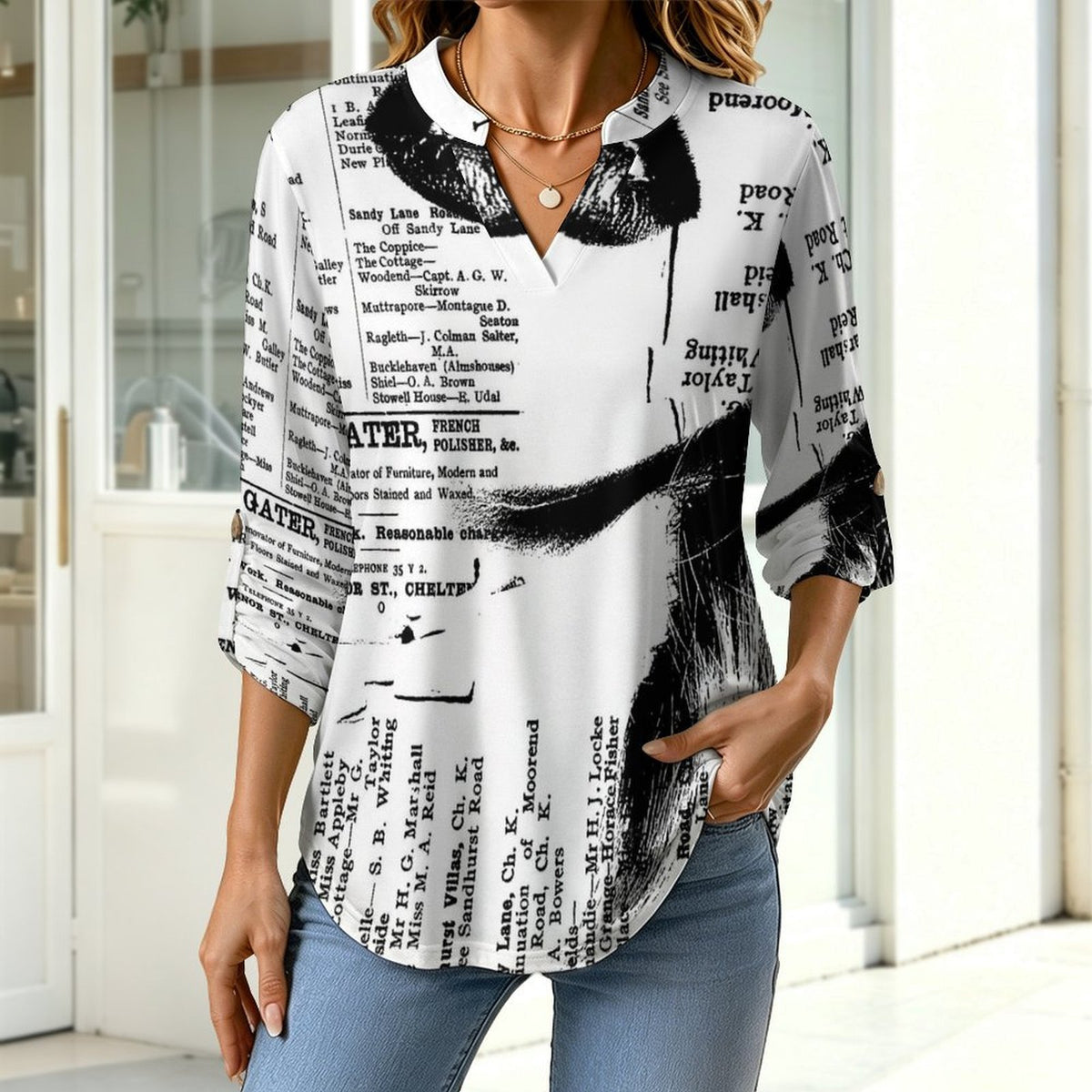 Stand-up Collar Long-sleeved Shirt Newspaper Girl Vintage  Customization Women’s V-Neck Blouses,long Sleeve,Roll-Up Sleeve Shirt