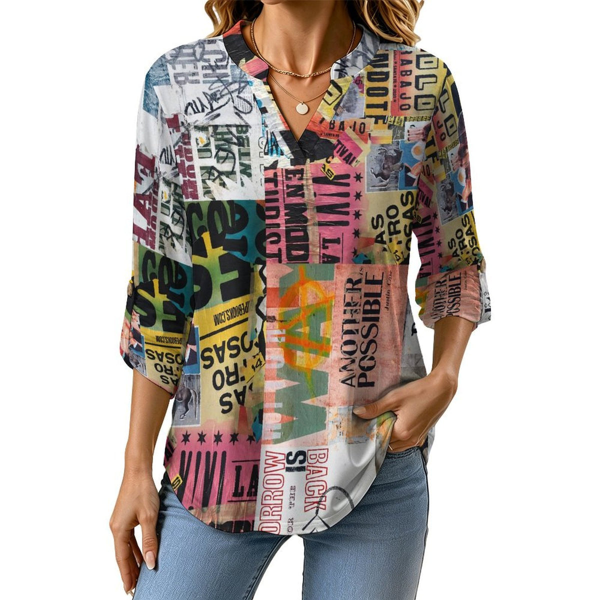 Stand-up Collar Long-sleeved Shirt Graffiti  Customization Women’s V-Neck Blouses,long Sleeve,Roll-Up Sleeve Shirt