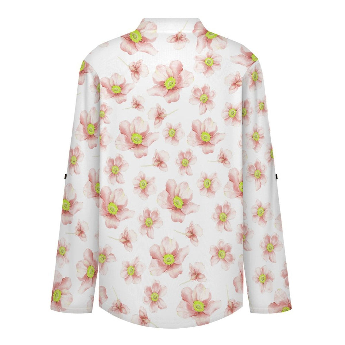 Women's Notched V Neck Tunic Tops, Roll Up 3/4 Sleeve Button Cuff Casual Blouse, Hem Loose Work Shirts  Floral, Pink, Repeating Pattern