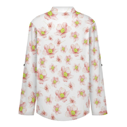 Women's Notched V Neck Tunic Tops, Roll Up 3/4 Sleeve Button Cuff Casual Blouse, Hem Loose Work Shirts  Floral, Pink, Repeating Pattern