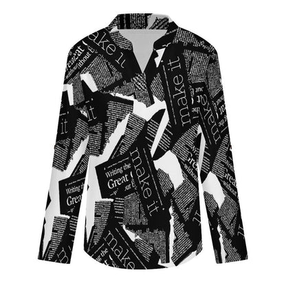 Stand-up Collar Long-sleeved Shirt Newspaper Vintage Dress  Customization Women’s V-Neck Blouses,long Sleeve,Roll-Up Sleeve Shirt