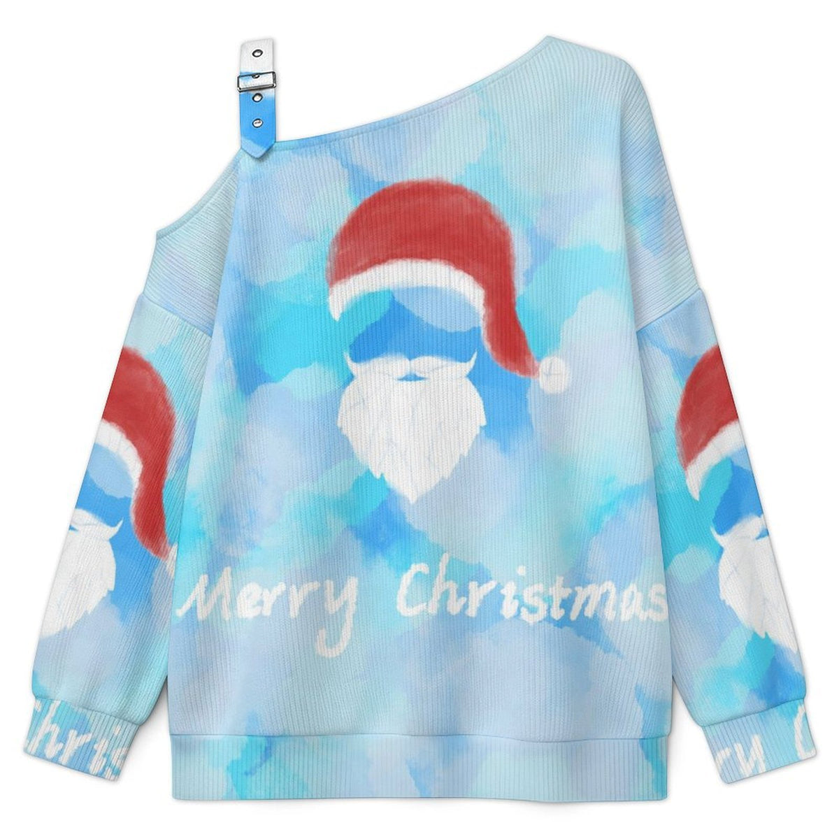 Off-the-shoulder Sweater Santa Claus Tie-dyed  Asymmetric Cold Shoulder Knit Sweater for Women, Adjustable Buckle Strap Long Sleeve Casual Slouchy Pullover
