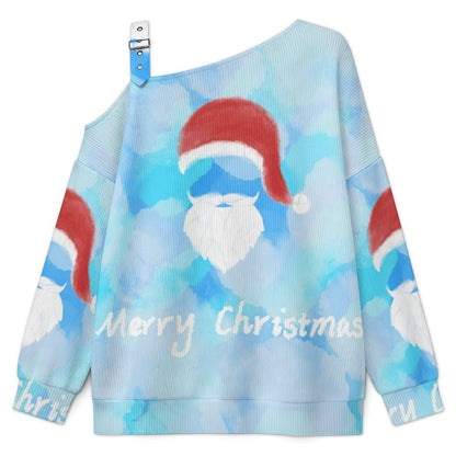 Off-the-shoulder Sweater Santa Claus Tie-dyed  Asymmetric Cold Shoulder Knit Sweater for Women, Adjustable Buckle Strap Long Sleeve Casual Slouchy Pullover